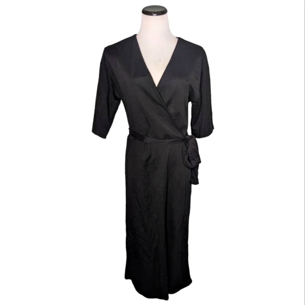 Zara Black wrap spring summer dress nylon viscose EUC Women's Small v neck - Picture 1 of 6